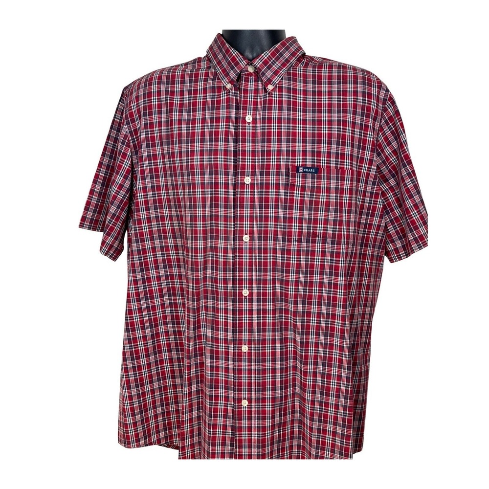 Chaps XL Short Sleeve Button Down Shirt Red Navy Plaid Easy Care preppy